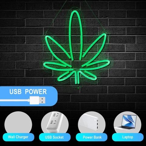 Lit Cannabis Leaf Neon Sign For Wall Decor With Dimmable USB LED Light Hemp Leaf Bar And Man Cave Accent, on brick wall