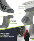 Merino Wool Hiking Socks For Men And Women Thermal Warm Crew Boot Socks with fuzzy inner and cushioning for cold weather trails.