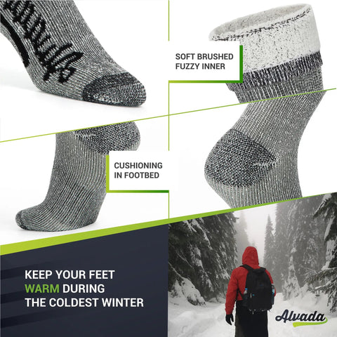 Merino Wool Hiking Socks For Men And Women Thermal Warm Crew Boot Socks with fuzzy inner and cushioning for cold weather trails.