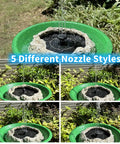 Solar Powered Bird Bath Fountain With Five Nozzles, Resin Granite Rock Look, Outdoor Garden Water Feature in green basin.