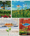 Colorful Metal Bird Bath for Outdoors, Flower Garden Hummingbird Bath on Five Stakes in various seasonal garden settings.