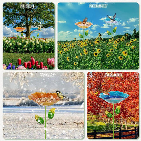 Colorful Metal Bird Bath for Outdoors, Flower Garden Hummingbird Bath on Five Stakes in various seasonal garden settings.