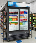 Top Shelf Commercial Glass Two Door Display Refrigerator And Upright Beverage Cooler With Bright LED Lighting For Drinks Prepared Foods And Groceries Straight Up 45 Cubic Foot Capacity In Sleek Black Finish showcasing colorful beverages in a retail setting.