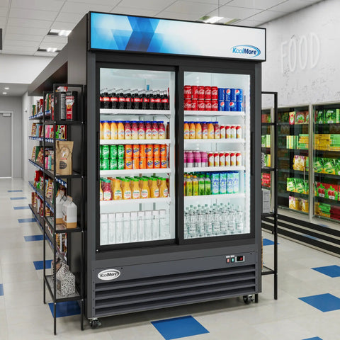 Top Shelf Commercial Glass Two Door Display Refrigerator And Upright Beverage Cooler With Bright LED Lighting For Drinks Prepared Foods And Groceries Straight Up 45 Cubic Foot Capacity In Sleek Black Finish showcasing colorful beverages in a retail setting.