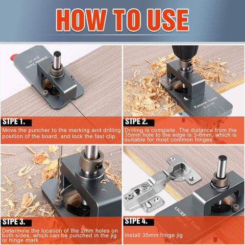Installation steps for All Metal Concealed Hinge Jig With 35Mm Drilling Hole Template Quick Clamp on wood surface