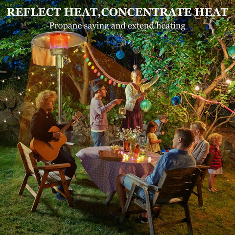 Heat Boost Patio Heater Reflector Shield Upgraded 12 Inch Height Directs Heat Exactly Where You Want No Wasted Heat Aluminum Ten Panel Shield For Round Natural Gas And Propane Heaters Rust Resistant High Temperature Ready in nighttime garden setting with people.
