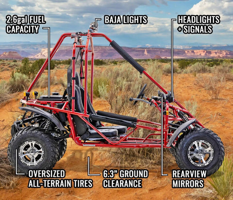 Go Kart With 169cc 10 HP Engine, 35 MPH Top Speed, Independent Suspension, Adjustable Seats, Baja Lights, All Terrain Tires, Adult Size for Ages 16 Plus, Red in desert landscape