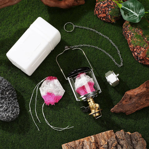 Portable Gas Lantern For Camping And Outdoor Adventures, Copper And Stainless Steel Construction, lantern and accessories on grass