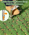 Person using Three-Tine Manual Core Aerator Tool for Lawns with hollow tines, showing soil plugs on grass, bright orange tool