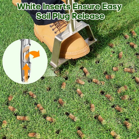 Person using Three-Tine Manual Core Aerator Tool for Lawns with hollow tines, showing soil plugs on grass, bright orange tool