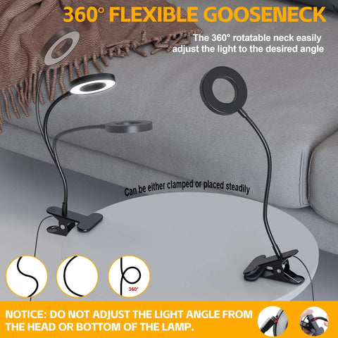 Clip On Led Desk Light With 48 LEDs, USB Powered, Three Color Modes And Ten Brightness Levels Per Mode, 360 Flexible Gooseneck shown clipped to table