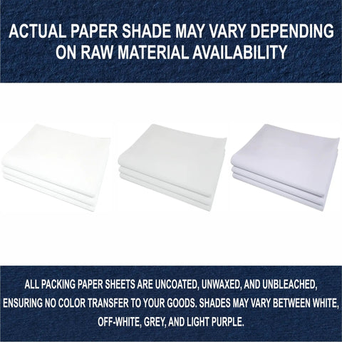 Must Have Bulk Moving Packing Paper Pack With 640 Ink Free Newsprint Sheets 27 x 17 Inches 20 lb Twin Pack For Wrapping Dishes Glassware And Valuables No Ink Transfer Heavy Duty White Paper For Safe Moving displayed on blue background with text about possible shade variations.