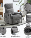Full Body Massage Rocker Recliner With Heat Eight Vibrating Nodes For Back Lumbar And Legs Swivel And Manual Recline Space Saving Design For Living Room Or Bedroom Cozy And Comfy For A Chill Vibe Dark Gray Fabric Comfortable And Easy To Use shown in a cozy living room setting with adjustable footrest and side pockets.