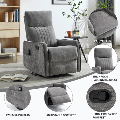 Full Body Massage Rocker Recliner With Heat Eight Vibrating Nodes For Back Lumbar And Legs Swivel And Manual Recline Space Saving Design For Living Room Or Bedroom Cozy And Comfy For A Chill Vibe Dark Gray Fabric Comfortable And Easy To Use shown in a cozy living room setting with adjustable footrest and side pockets.