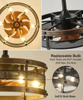 19 Inch Black Caged Ceiling Fan With Lights And Remote, Industrial Style Ceiling Fixture For Bedroom, no bulb included, close-up