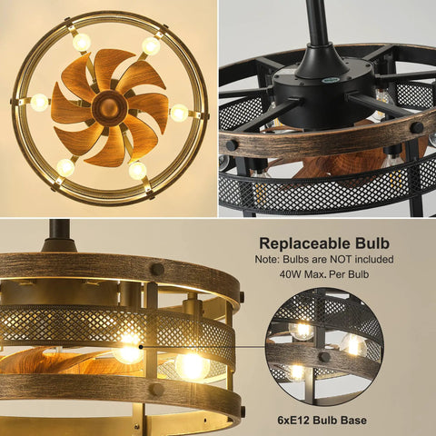 19 Inch Black Caged Ceiling Fan With Lights And Remote, Industrial Style Ceiling Fixture For Bedroom, no bulb included, close-up