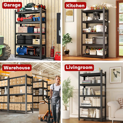 Garage Shelves 4 Tier Metal Storage Rack In Black 63 Inch High By 45 Inch Wide By 16 Inch Deep Heavy Duty Shelving in various rooms
