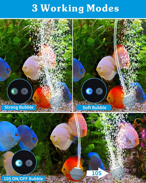 Solar Pond Aerator With 2200mAh Battery Backup, 3 Mode Solar Air Pump For Pond showing strong, soft, and 10s bubble modes.