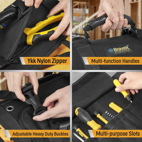 Heavy Duty Roll Up Tool Bag With Kevlar Stitches And YKK Zipper in use, showing multi-function handles, heavy duty buckles, and slots.