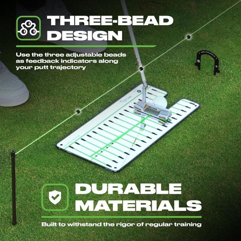 Pro Grade Triple Bead Golf Putting Alignment String Line Neon Green Visual Guide Putter on green practice mat.