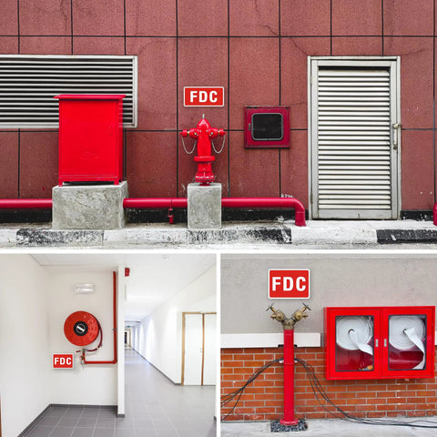 Rock Solid 2 Pack FDC Sign For Fire Department Connection Made From Premium Aluminum Outdoor Plaque on red hydrant.