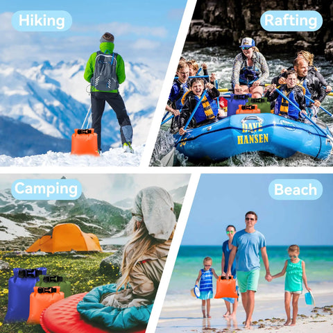 6 Pack Waterproof Dry Bags for Kayaking and Outdoor Adventures shown in hiking, rafting, camping, and beach scenes.