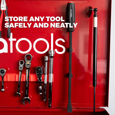Magnetic Button Tool Organizers Set, 10 Pieces holding tools on a red toolbox with silicone-coated magnets for shop use.