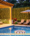 900 LED Outdoor Curtain Lights With Remote, 9.5 By 29.5 Feet Twinkle Warm White String Lights For Bedroom Backdrop, displayed on gazebo by poolside