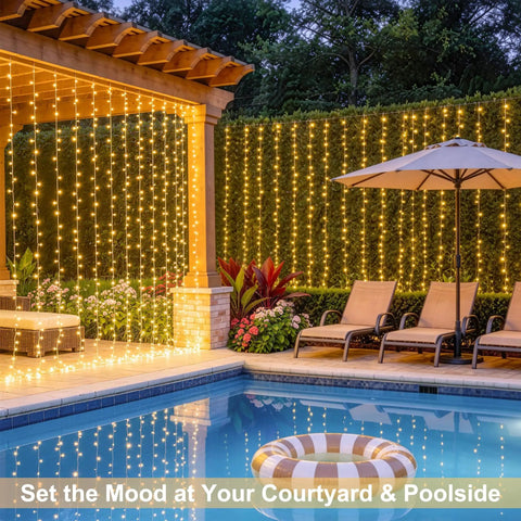 900 LED Outdoor Curtain Lights With Remote, 9.5 By 29.5 Feet Twinkle Warm White String Lights For Bedroom Backdrop, displayed on gazebo by poolside