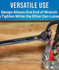 Angled Head Double Ended Speed Wrench 7/16 Inch with Patented 15 Degree Offset loosening bolt, showing versatile use.