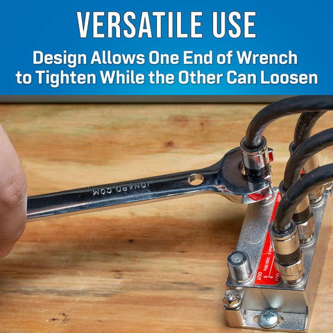 Angled Head Double Ended Speed Wrench 7/16 Inch with Patented 15 Degree Offset loosening bolt, showing versatile use.