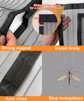 Close-up of black magnetic screen door with widened top velcro, strong magnetic closures, and durable mesh to stop mosquitoes.
