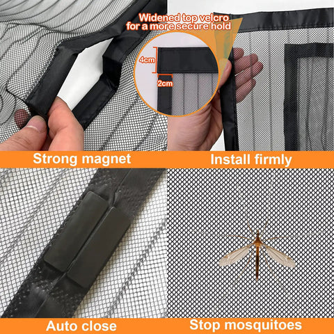 Close-up of black magnetic screen door with widened top velcro, strong magnetic closures, and durable mesh to stop mosquitoes.