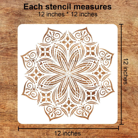 Nine Pack 12x12 Mandala Stencil Set For Painting On Wood Floor Wall Tile Fabric Reusable Furniture Craft Templates For DIY Art Projects Large Intricate Designs That Make Stenciling Easy And Precise, featuring a single intricate mandala design on a 12x12 inch stencil.