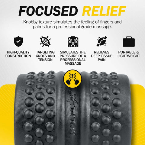 Spine Aline Back Roller For Deep Tissue Massage And Knot Busting Neck And Spine Relief, black, textured surface, close-up view.