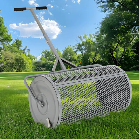 27 Inch Metal Roller Compost Spreader For Lawn And Garden With Adjustable Handle Ideal For Seeding And Even Lawn Growth Heavy Duty Fertilizer Spreader For Yard Work Gray on grass