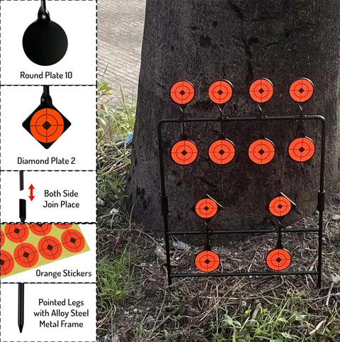 Self Resetting Air Rifle Target With Heavy Duty Metal Frame For Airsoft Rimfire BB Gun Practice against tree outdoors.