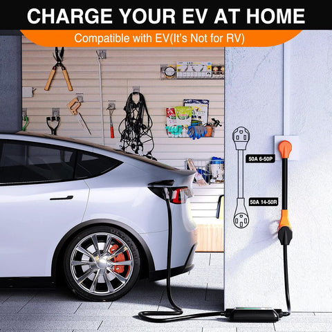 Heavy Duty 50 Amp EV Charger Adapter Cord From 6-50P Welder Outlet To 6-50R 250V Copper Wire 10 Gauge 50M/50F Home Garage Charge Cable For EVs And Local Home Charging connected to car in garage