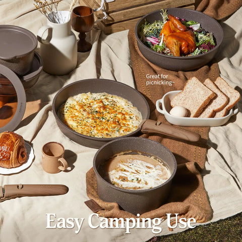 21 Piece Pots And Pans Set with Detachable Handles Nonstick Cookware Induction Compatible for Easy Camping Use
