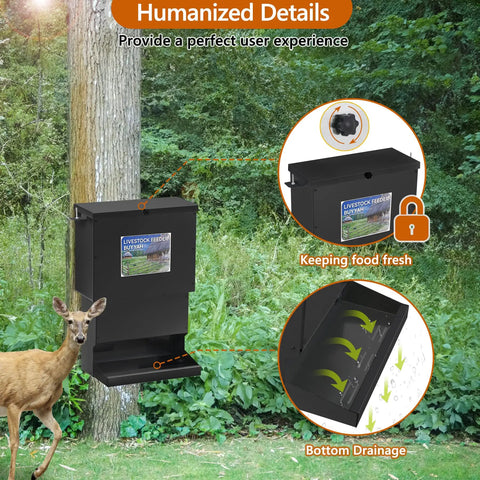 Metal Tough Galvanized Steel Deer Feeder Holds Fifty Pounds Of Corn Or Protein Mix Rust Proof Wild Game Feed Dispenser on tree