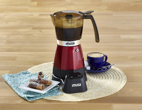 Electric Espresso Moka Maker For 3 To 6 Cups, 48 Oz Capacity, Red seated on a table with coffee cup and cinnamon rolls