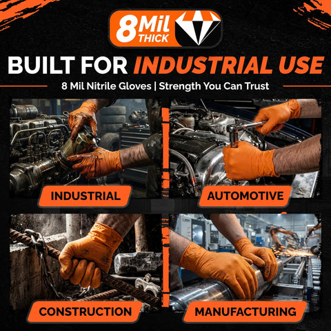 Heavy Duty 8 Mil Nitrile Gloves Chemical Resistant Tear Proof Work Gloves For Mechanics And Gardening 100 Pack visible in industrial tasks.