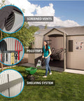 15 By 8 Ft Dual Entry Outdoor Storage Shed With HDPE Dual Wall Construction, showing pegstrips, shelving, and screened vents, Desert Sand