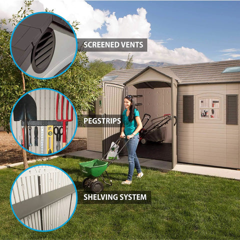 15 By 8 Ft Dual Entry Outdoor Storage Shed With HDPE Dual Wall Construction, showing pegstrips, shelving, and screened vents, Desert Sand