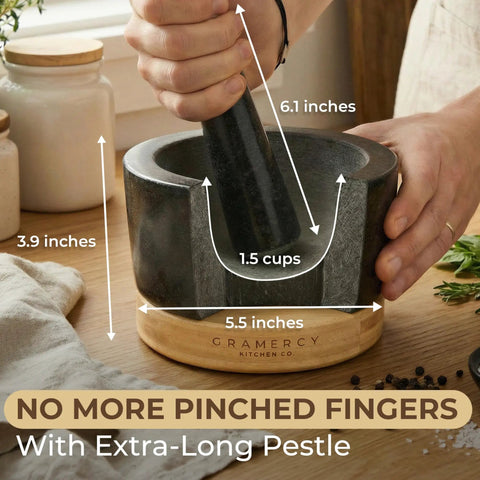 Mortar And Pestle Set Heavy Duty Granite Stone Grinder With Stable Bamboo Base and Extra Long Pestle for home use