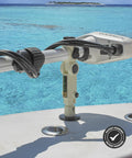 Built Tough Adjustable Trolling Motor Stabilizer Bracket With Vertical Adjustment And Shock Absorption on a boat deck