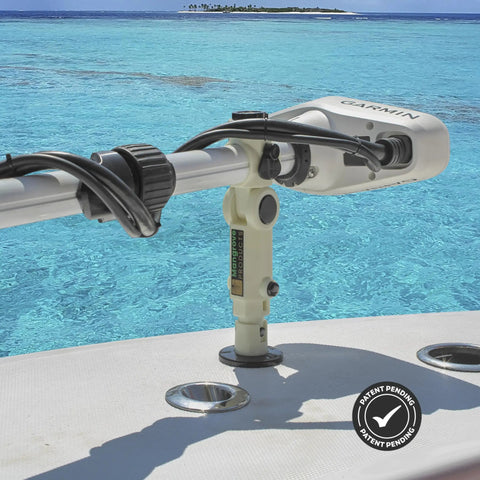 Built Tough Adjustable Trolling Motor Stabilizer Bracket With Vertical Adjustment And Shock Absorption on a boat deck