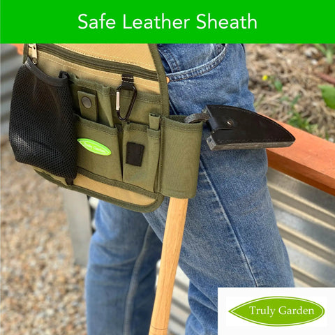 Root Cutting Weeding Sickle With Thick Leather Sheath attached to garden tool belt for easy ground weeding access.
