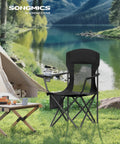 Two-Pack Breathable Camping Chairs Set With High Back Support, 330 Lb Capacity, Foldable Outdoor Chairs in Ink Black by a Lake