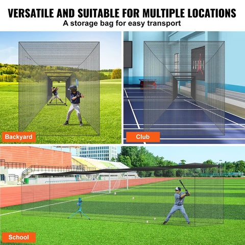 Various settings for 70Ft Heavy Duty Baseball Batting Net For Backyard Practice, Portable Softball Hitting Cage shown in use.